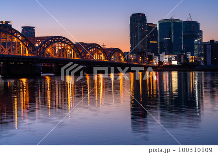 《大阪府》大阪中心街の夜景・淀川河川敷の薄明 100310109