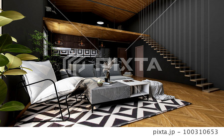 Modern loft living room interior with dark gray wall and wooden floor, 3d rendering  100310653