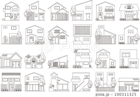 不動産・住宅・戸建て・二世帯住宅・平家の線画 100311325
