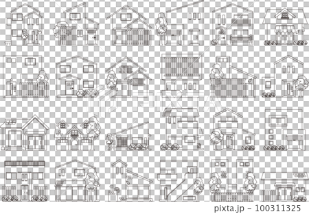 房地產、住宅、獨立屋、兩戶住宅、一層住宅的線描 100311325