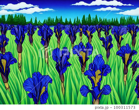 花菖蒲園・青い花・AIイラスト 100311573