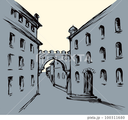 Vector cityscape. The narrow medieval streets of the old town Vector cityscape. The narrow medieval streets of the old town 100311680