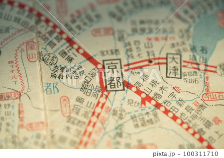 Location of Kyoto city in Japanese Kanji, translate English as Kyoto in the marking of square, retro old map before World War II 100311710