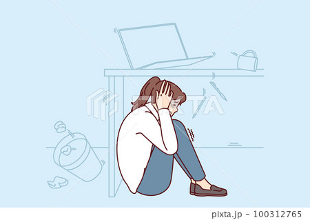 Frightened woman wait out earthquake hiding under office desk to save during building collapse Frightened woman wait out earthquake hiding under office desk to save during building collapse 100312765