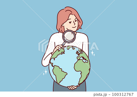 Woman with magnifying glass holds globe studying geography or choosing place for further travel Woman with magnifying glass holds globe studying geography or choosing place for further travel 100312767