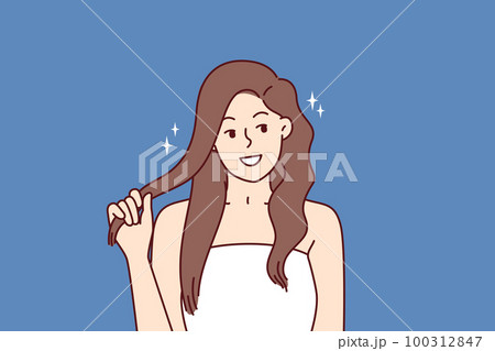 Beautiful girl fixes hair enjoying silky hairstyle after using new herbal shampoo with firming agents 100312847