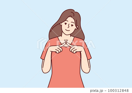 Shy girl looks at camera and joins fingers in front of chest, wanting to seduce guy Shy girl looks at camera and joins fingers in front of chest, wanting to seduce guy 100312848