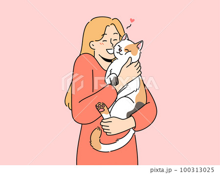 Happy woman hug cute cat Happy woman hug cute cat 100313025