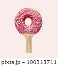Playful collage with delicious pink donut and racket ping pong tennis.  100313711