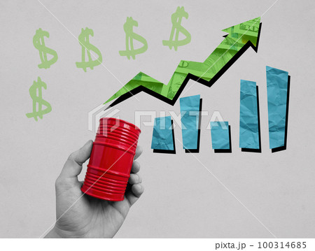 Symbolic collage with hand holds barrel and chart as concept of rising oil price. 100314685