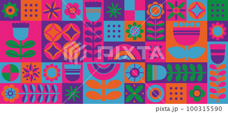 Minimalistic abstract geometric pattern. Modern repeatable modern colorful pattern tile design. Vector illustration. Colorful background set flower, figures, elements and forms. Hand drawn style 100315590