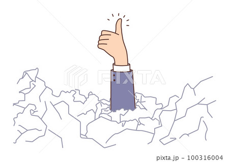 Businessman under paper pile show thumb up Businessman under paper pile show thumb up 100316004