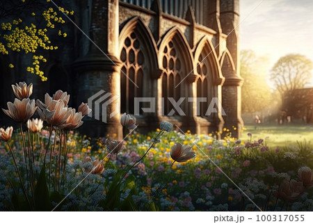 Fresh Morning Flowers Close-up on a Blurry Ancient Castle Background, Abstract Generative AI Illustration 100317055