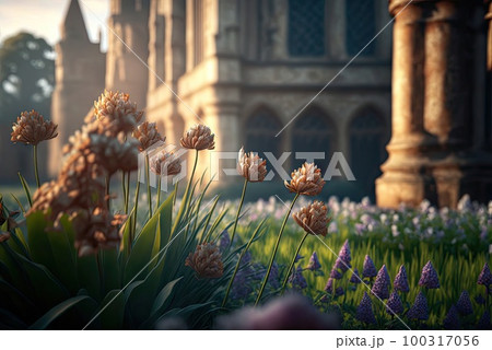 Fresh Morning Flowers Close-up on a Blurry Ancient Castle Background, Abstract Generative AI Illustration 100317056