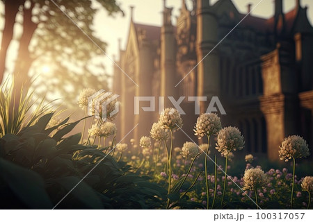 Fresh Morning Flowers Close-up on a Blurry Ancient Castle Background, Abstract Generative AI Illustration 100317057