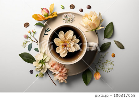 Coffee Cup Top View Flat Lay, Cozy Breakfast, Flower Morning Coffee Mug, Abstract Generative AI Illustration 100317058