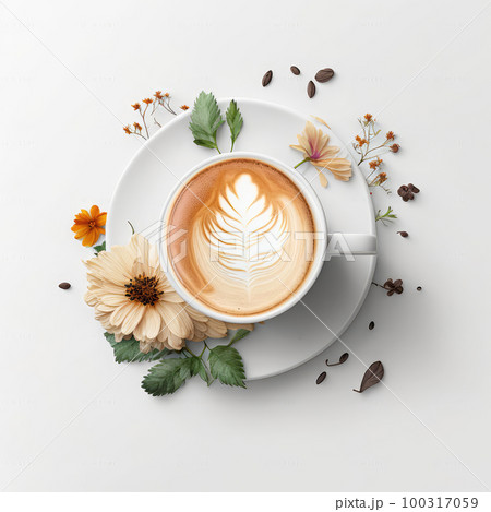 Coffee Cup Top View Flat Lay, Cozy Breakfast, Flower Morning Coffee Mug, Abstract Generative AI Illustration 100317059