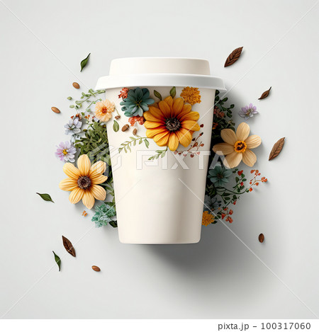 Coffee Cup Top View Flat Lay, Cozy Breakfast, Flower Morning Coffee Mug, Abstract Generative AI Illustration 100317060