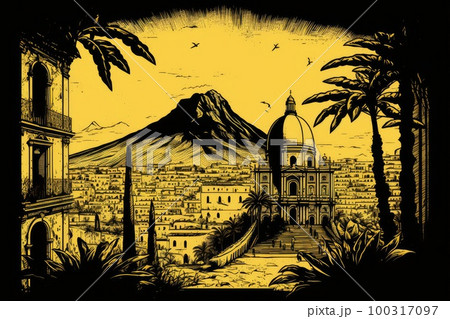 Naples Travel Illustration, Italian Tourism Concept, Skylines, Landmarks, Naples Silhouette Graphic Art 100317097