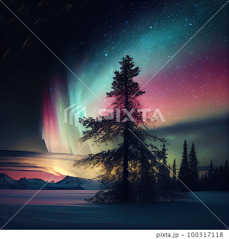 Northern Lights, Norway Winter Aurora Painting, Abstract Generative AI Illustration 100317118