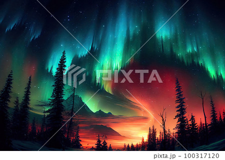 Northern Lights, Norway Winter Aurora Painting, Abstract Generative AI Illustration 100317120