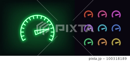 Outline neon speedometer icon set. Glowing neon speedometer with scale and arrow, acceleration and high speed pictogram. Speed test and indicator, ultimate level, output capacity. Outline neon speedometer icon set. Glowing neon speedometer with scale and arrow, acceleration and high speed pictogram. Speed test and indicator, ultimate level, output capacity. 100318189