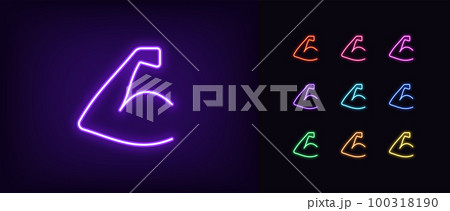 Outline neon strong hand icon set. Glowing neon...のイラスト素材 [100318190 ...