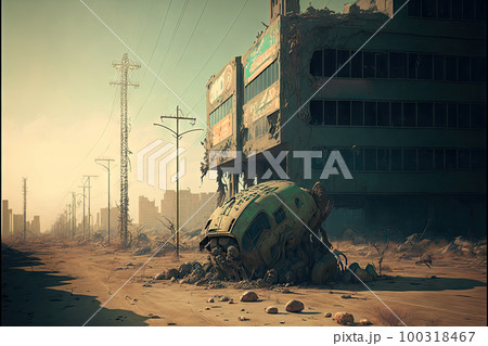 Post Apocalyptic World, Apocalypse City, Wasteland, Nuclear Desert, Abstract Generative AI Illustration Post Apocalyptic World, Apocalypse City, Wasteland, Nuclear Desert, Abstract Generative AI Illustration 100318467