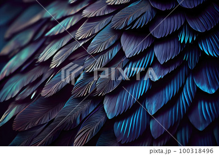 Blue Color Feathers Background, Colored Plumage with a Rainbow Tint, Generative Ai Illustration Blue Color Feathers Background, Colored Plumage with a Rainbow Tint, Generative Ai Illustration 100318496
