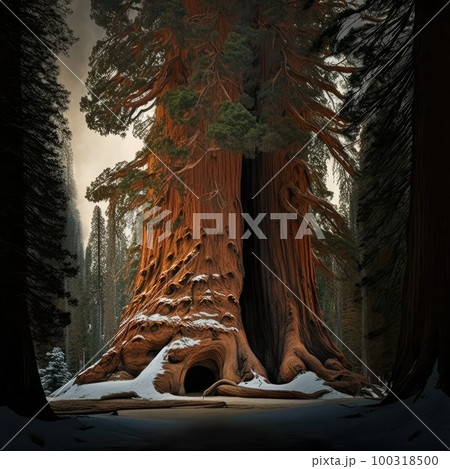 Sequoia Tree, Giant Pine, Redwood Park with Sequoia Tree Drawing Imitation, Generative AI Illustration 100318500