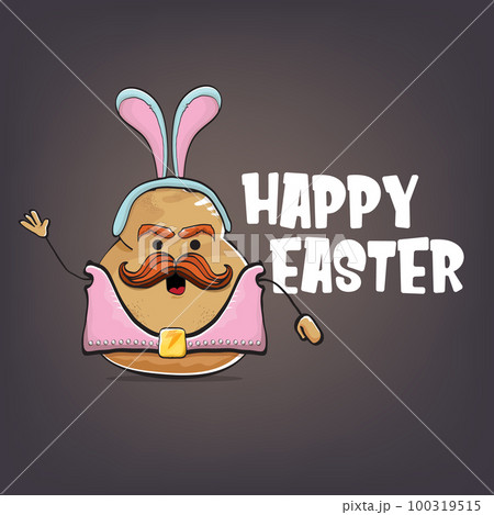 vector rock star happy easter potato funny cartoon character with blue bunny ears isolated on grey background. Rock n roll easter party poster or happy easter greeting card vector rock star happy easter potato funny cartoon character with blue bunny ears isolated on grey background. Rock n roll easter party poster or happy easter greeting card 100319515