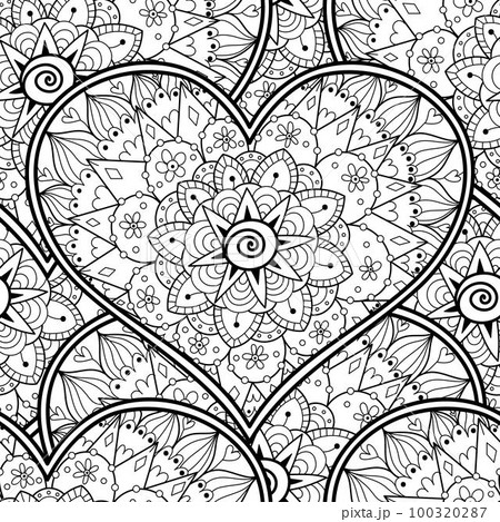 Floral heart mandala black and white seamless pattern for coloring book. Love doodle background 100320287