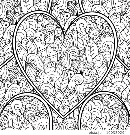 Floral doodle black and white seamless pattern for coloring book. Love mandala outline background Floral doodle black and white seamless pattern for coloring book. Love mandala outline background 100320294