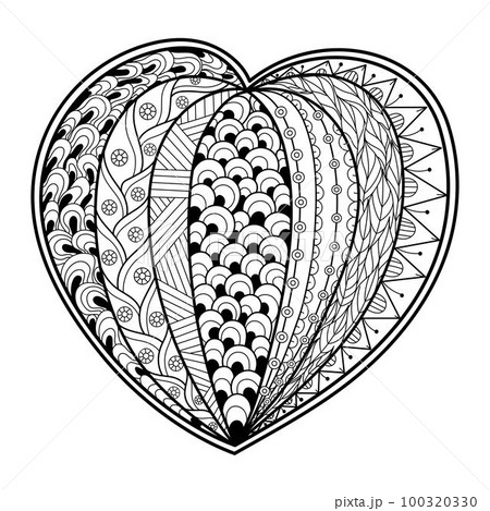 Doodle heart in zentangle style coloring page.のイラスト