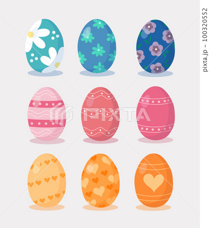 Set of Easter eggs different colors and textures. Happy easter spring holiday. Easter eggs vector illustration with flowers, hearts and stripes. 100320552