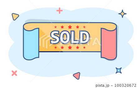Vector cartoon sold ribbon icon in comic style. Discount, sale sticker label sign illustration pictogram. Sold ribbon business splash effect concept. 100320672