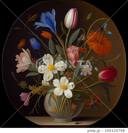 Still Life Flowers Vintage Oil Painting, Flower Bouquet in Old Vase, Abstract Generative Ai Illustration 100320798
