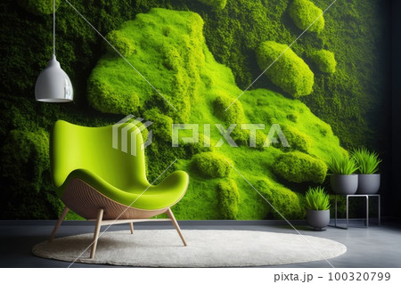 Painted Stabilized Moss Picture in Modern Interior, Green Moss Wall, Abstract Generative AI Illustration 100320799