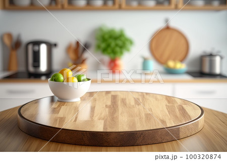 Light Wood Table on Blurred Kitchen Background, Modern Wooden Table Mockup for Montage Product Display, Generative AI Illustration Light Wood Table on Blurred Kitchen Background, Modern Wooden Table Mockup for Montage Product Display, Generative AI Illustration 100320874