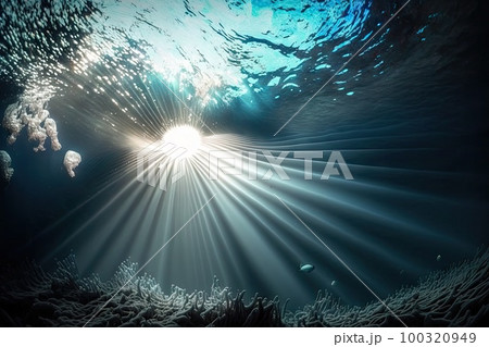 Underwater Sun Rays, Deep Water Sunlight, Under Sea Sunbeams Background, Abstract Generative AI Illustration 100320949