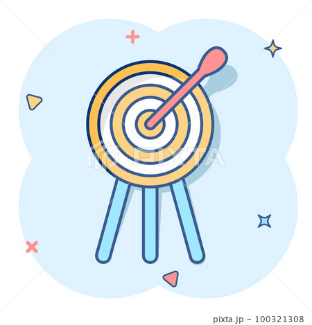 Vector cartoon target aim icon in comic style. Darts game illustration pictogram. Dartboard sport target business splash effect concept. Vector cartoon target aim icon in comic style. Darts game illustration pictogram. Dartboard sport target business splash effect concept. 100321308