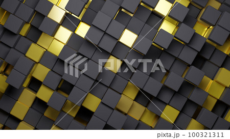 3d rendering abstract background of randomly positioned black and golden cubes. 100321311