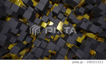 3d rendering abstract background of randomly positioned black and golden cubes. 100321321