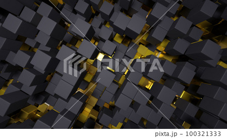 3d rendering abstract background of randomly positioned black and golden cubes. 3d rendering abstract background of randomly positioned black and golden cubes. 100321333