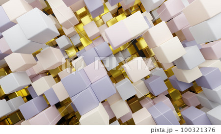 3D rendering background of light-colored and golden random shuffled cubes 3D rendering background of light-colored and golden random shuffled cubes 100321376