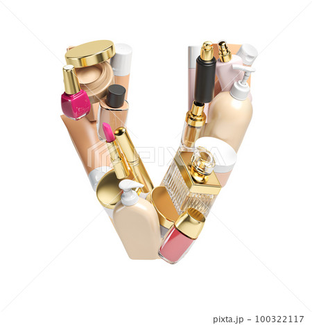 Letter V. Alphabet from cosmetics, make up and beauty products isolated on white. Letter V. Alphabet from cosmetics, make up and beauty products isolated on white. 100322117