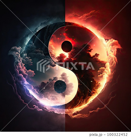 Yin Yang Harmony Symbol Made of Natural Elements, Fire Water Ying Yang, Abstract Generative AI Illustration 100322452