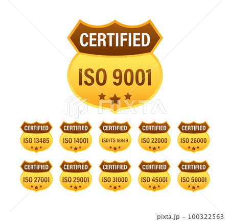 Set of ISO Certification stamp and labels. ISO Certified badge. Information security management Set of ISO Certification stamp and labels. ISO Certified badge. Information security management 100322563