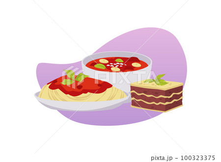 Pasta, minestrone and tiramisu Italian food flat style, vector illustration Pasta, minestrone and tiramisu Italian food flat style, vector illustration 100323375
