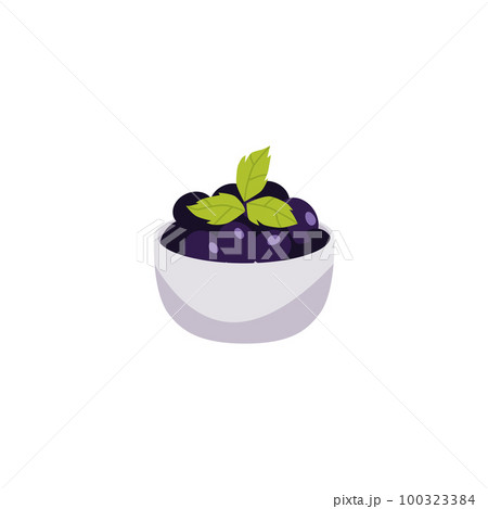 Bowl of black olives, cartoon flat vector illustration isolated on white background. 100323384